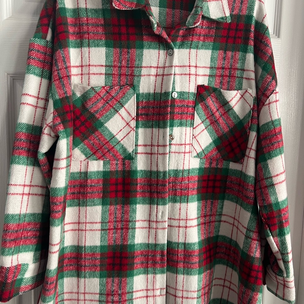 She + Sky Festive Plaid Shirt in Red, Green, and White
